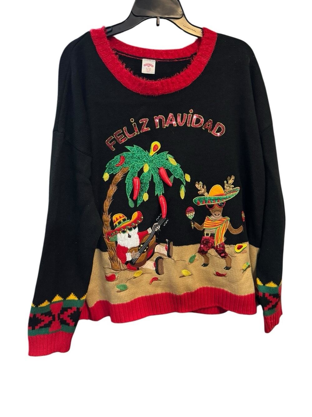 UGLY CHRISTMAS SWEATER FELIZ NAVIDAD BLACK WOMENS XL Holiday Time Christmas